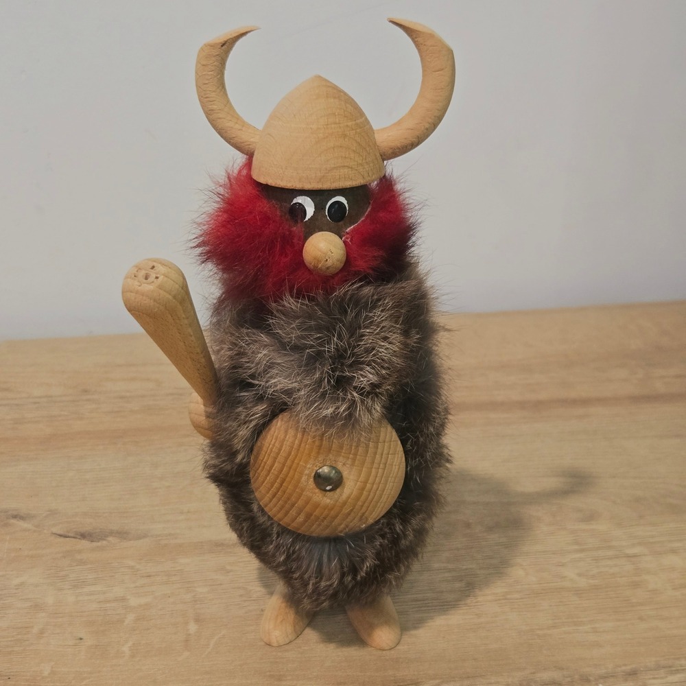 Vtg Viking Figurine 9in Wood Real Rabbit Fur Red Beard Folk Art Helmet Shield